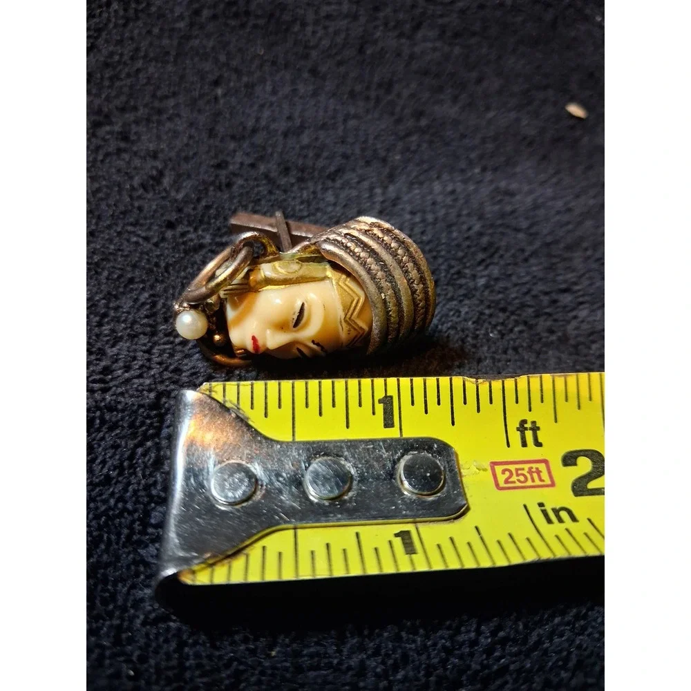 Vintage Asian Woman Face Cufflink Carved Celluloid Resin Faux Pearl Single Piece